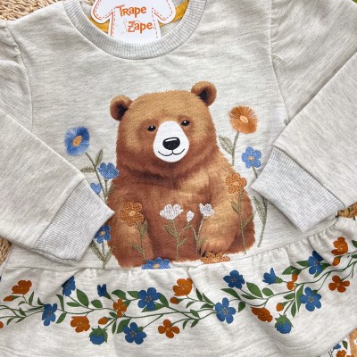 Conj. Blusa Manga Longa Ursa no Jardim e Calça Legging Floral - Mescla